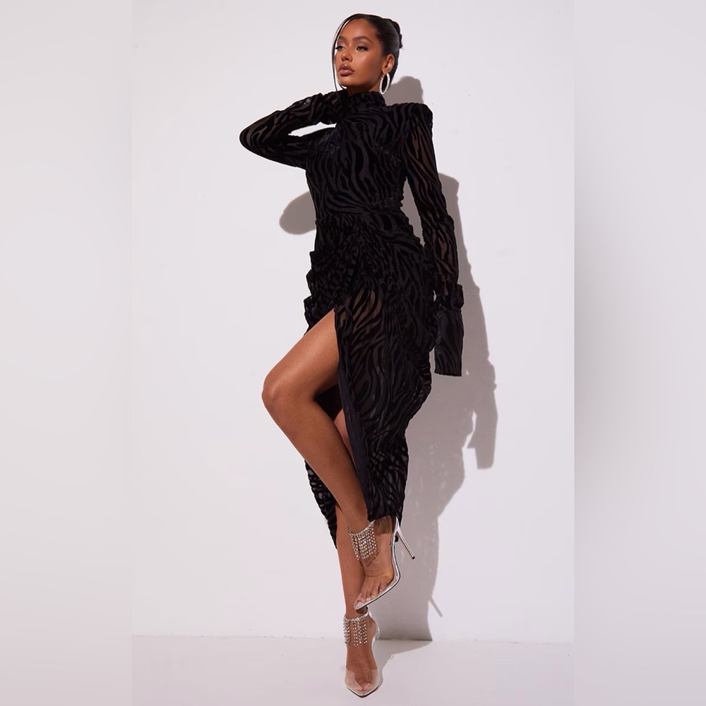 black zebra devore high neck draped midi dress